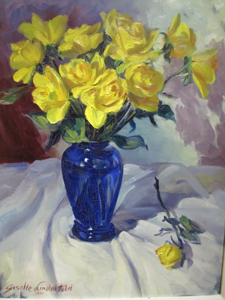 Giselle Lindenfeld Original Signed Blue Vase Yellow Roses