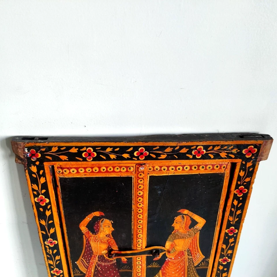 Vintage Main Peint 2 Tribal Femme Danse Architectural Rare en Bois Fenêtre W153 - Photo 3/4