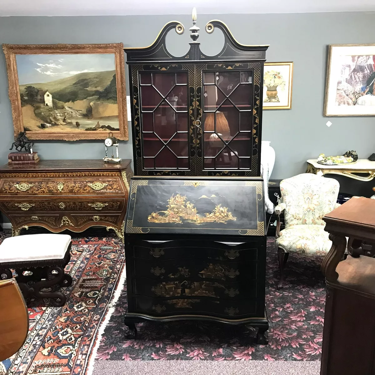 Asian Style Chinoiserie Decorated Slant Front Secretary Desk