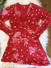 Free People Date Night Red Pink Floral Polka Dot Button Ruched Mini Dress S