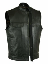 SOA Men's Motorcycle Club Leather Vest Concealed Carry Arms Solid Back