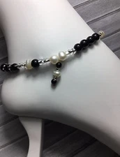 Handmade Pearl Black Jasper Stone Anklet/Ankle Bracelet W/Swarovski Elements USA