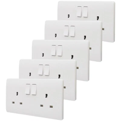 LONG LIFE LAMP COMPANY 5 Pack 13A Double Switch Plug Socket 2 Gang Wall Outlet Smooth Edges WDS13A