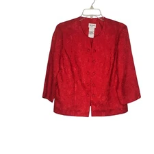 Women's Red Blouse Size 12P Petite Textured Christmas Party Buttons Ann Travis