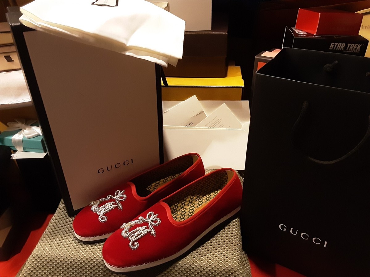 Gucci Men's Velluto Marmara Rosso Loafers w/ AM Appliqué NWB Size