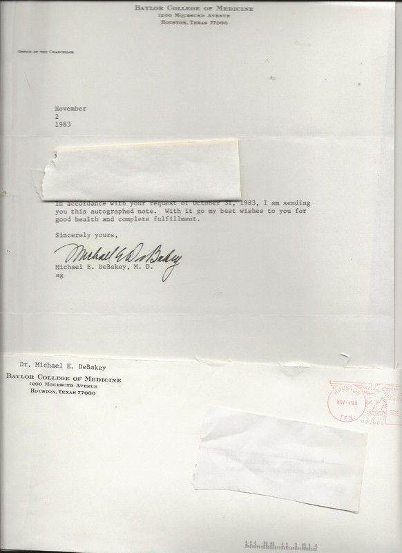 HEART SURGEON DR. MICHAEL DEBAKEY SIGNED LETTER,  1983