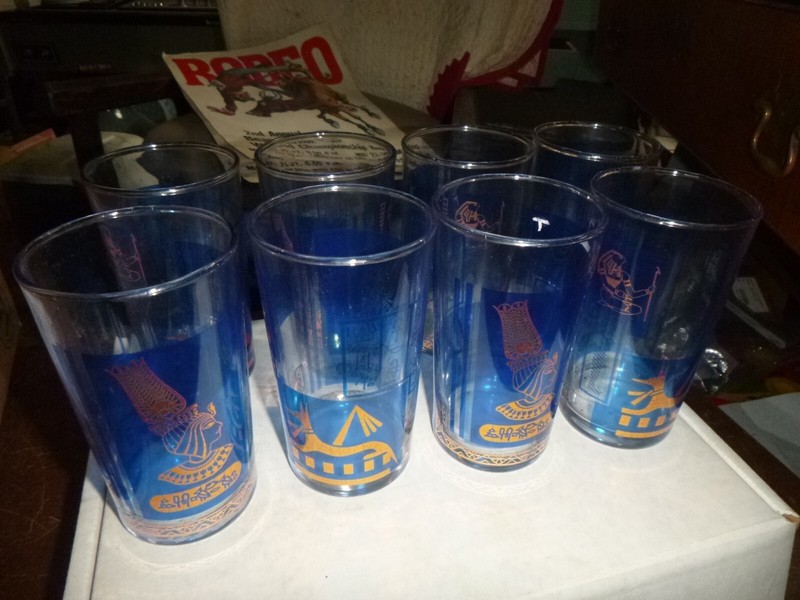 Five Vintage Mid Century Bar Ware Blue Gold Egypt Hieroglyphs Glasses