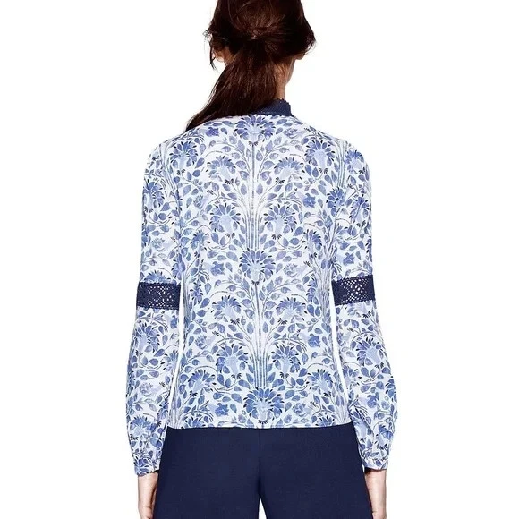 Top tunica nappe Tory Burch Gracelynn blu Jay Nerina nuovo con etichette taglia 10 prezzo al pubblico consigliato $275