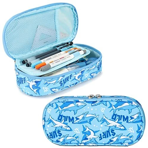 Large Capacity Pencil Pen Case Cute for Boys Kids, B-Blue, Shark