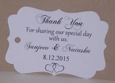 Custom made personalise wedding Thank you Names date Gift tags Pk-20,50,100 - image 1 of 2