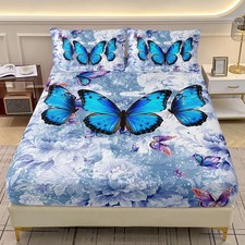 Blue Floral Butterfly Bed Sheet Set Full Size,Watercolor Flower Bedding Set f...