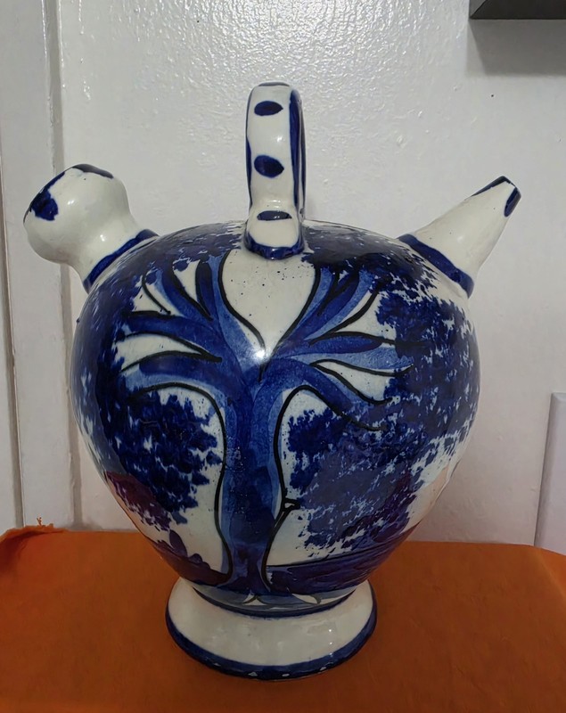 Vintage Portugese Spanish Ceramic Blue And White Oil Wine FlaskDecanter Ornament