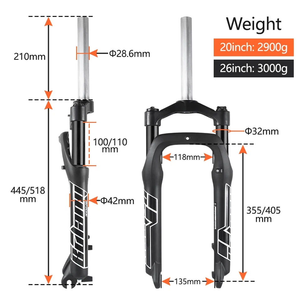 Snow E-bike Supension Air Fork 20/26inch Fat Tire MTB Front Fork 100mm Travel - Image 2 of 4