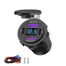 12V-24V Dual USB Port Fast Car Charger Type C Power Socket Outlet LED Voltmeter