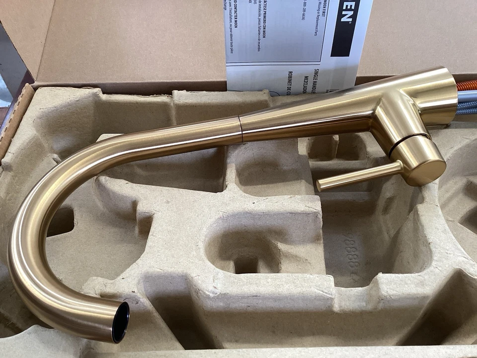 全新 Moen 7864BG 时尚 HighArc 推拉式厨房龙头拉丝金色 B — 第 2/4 张图片