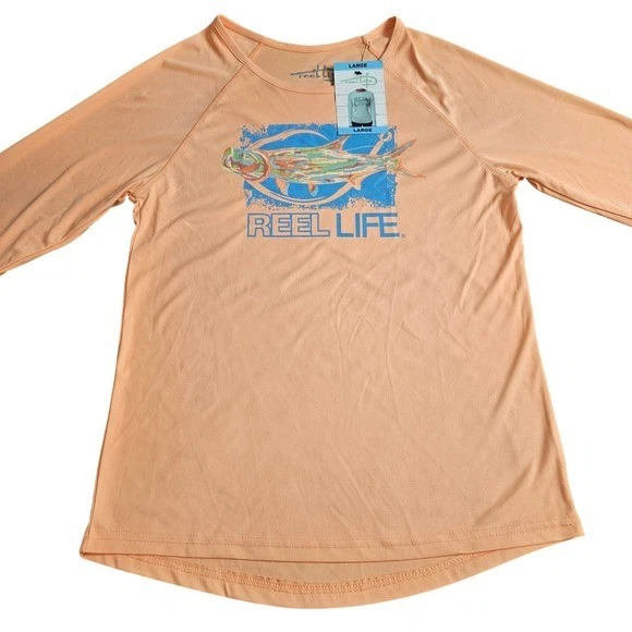 Reel Life Long Sleeve Performance Shirt Large Peach Fish Graphic Coastal Outdoor