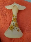 Vtg Fenton Yellow Custard Glass Painted Floral Ruffled Signed Vase 11" Flowers
