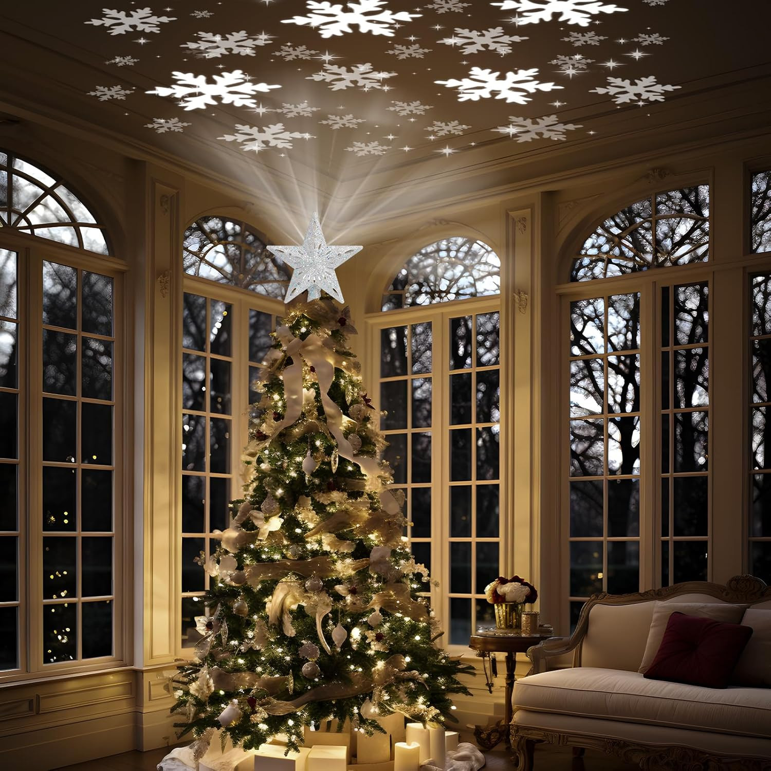 White Christmas Tree Topper Lighted with 6 Patterns Projector, 