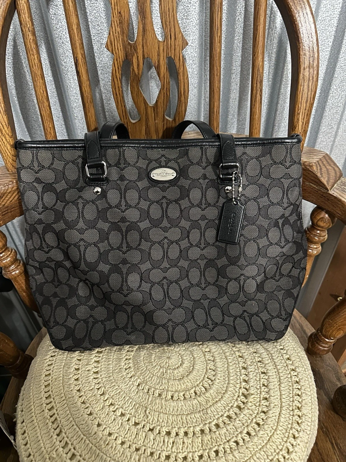 Coach Signature Black Zip Top Large Tote Bag Purse Leather Trim