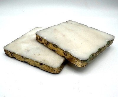 Gold-Edged White Marble Quartz Crystal Coasters Vintage Square Set 2 4x4'' Handma