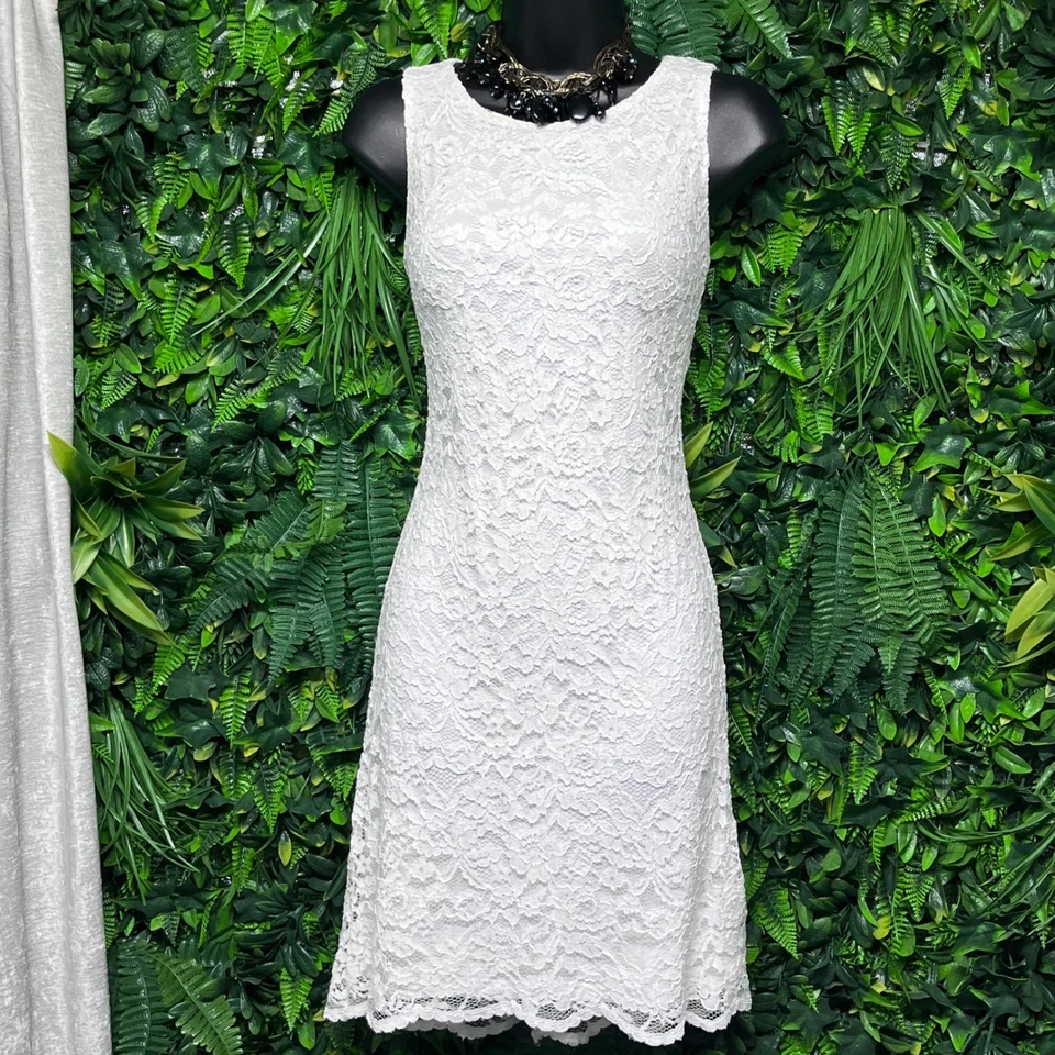 Ralph Lauren Dress Size 4 Cream Lace Sheath Sleeveless Knee Length Cocktail 3307 - Image 2 of 4