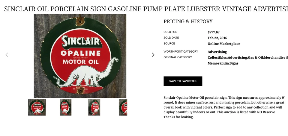 老式 SINCLAIR OPALINE OIL 带 DINO DINOSAUR 9 英寸 PORCELAIN 金属气体标志 — 第 3/4 张图片