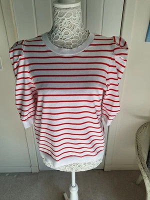 DKNY Jeans Womens Jumper L White Red Striped Crew Neck Knit Puff Sleeve - Image 1 of 4