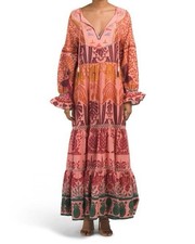 Farm Rio L Small Ainika Print Macaws Maxi Dress Puff Sleeve Tassel Tie $345