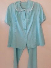Vtg Aqua Blue Nylon Romantic Pajamas 38" Embroidered Collar 2 Pc Set Satin Trim