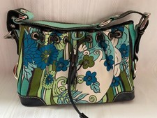 Isabella Fiore Floral Canvas Hobo Handbag Leather w/ Buckle Tassel Stud Detail