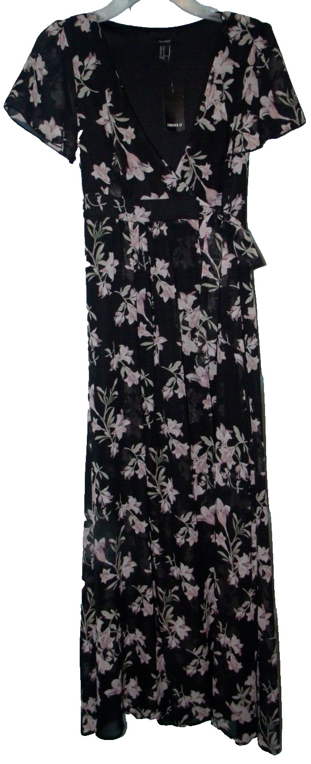Forever 21 Black Pink Floral V Neck SS Long Wrap Dress Size M Junior NWT