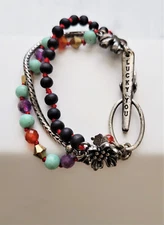 Lucky Brand Beaded Bracelet Triple Strand Natural, Glass & Silver Tone Beads