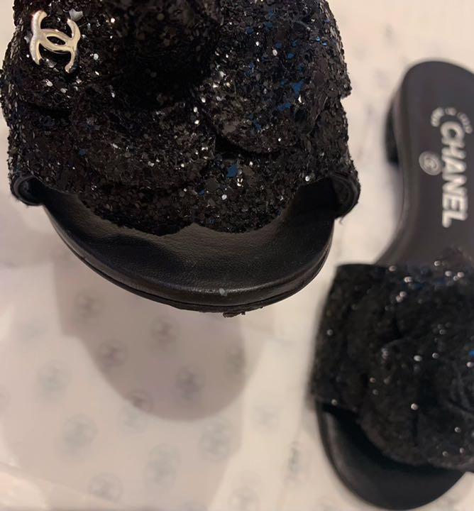 CHANEL CC Logo Glitter Camellia Black Mule Sandals EUR34.5