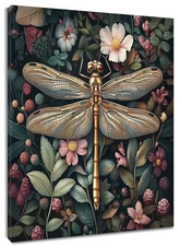 Wildflower Dragonfly Green Leaf Black Abstract Wall Art for Bathroom Living Room