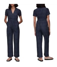 WHISTLES Zoe Eyelet Short Sleeve Straight Leg Tie Waist Jumpsuit in Navy US 6