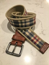 Mens Madras Plaid Canvas & Leather Belt 41" without buckle