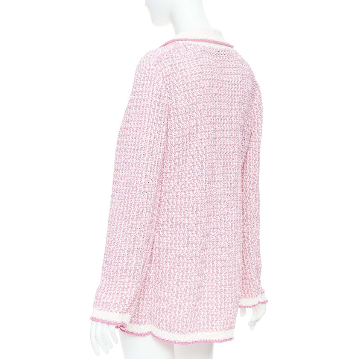 CHANEL 2022 pink white tweed metallic buttons long knit