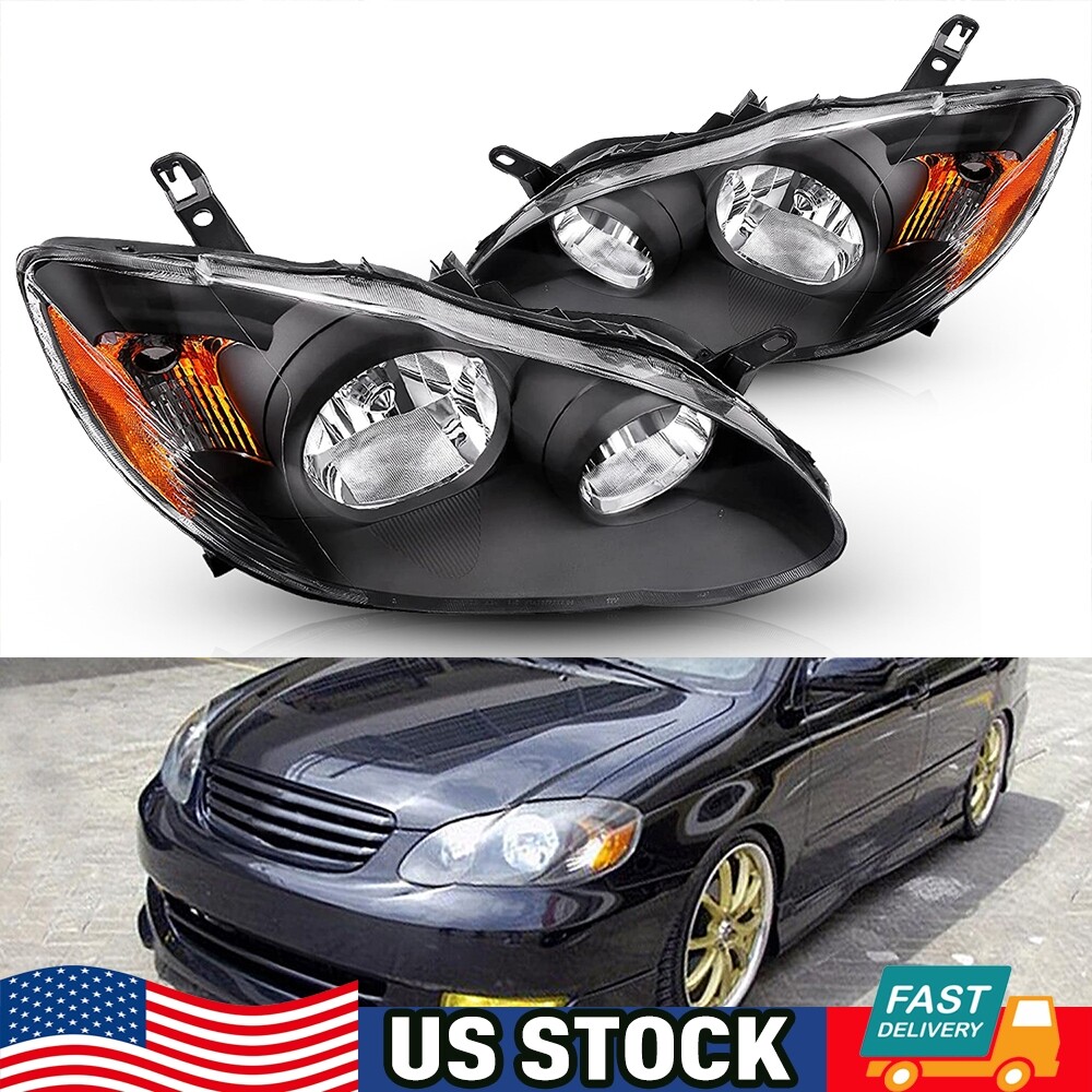 2PCS Headlights Black Headlamp Housing For 2003-2008 Toyota Corolla Left + Right