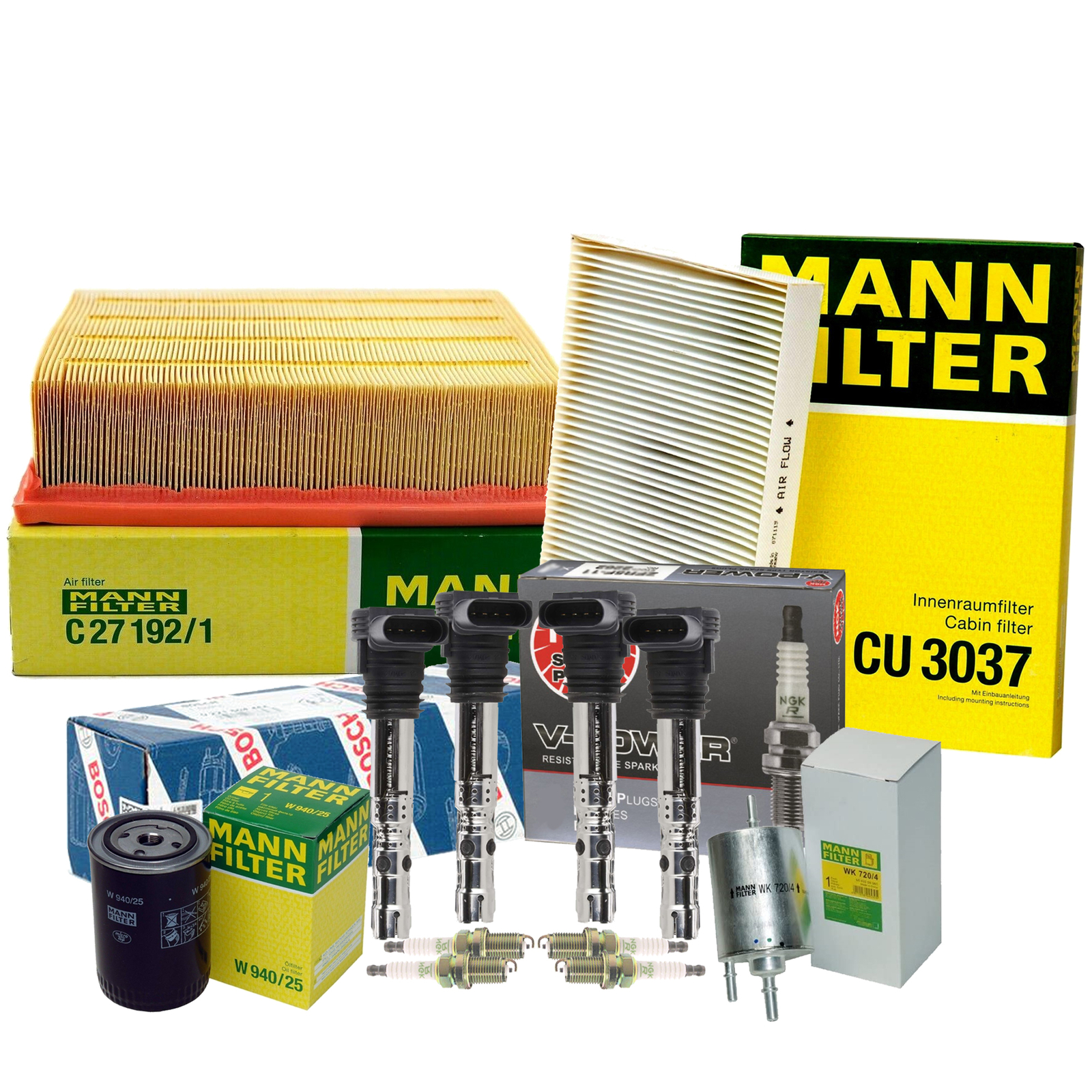 Mann Filters Bosch 4 Coils NGK 4 VPower Spark Plugs Tune Up Kit For A4 Turbo AMB