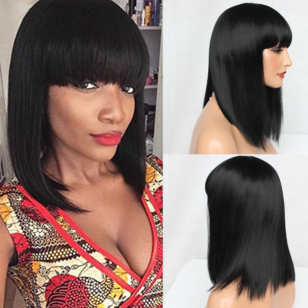 Synthetic Hair Short Bob Wig Straight Black Wig Full Bangs 