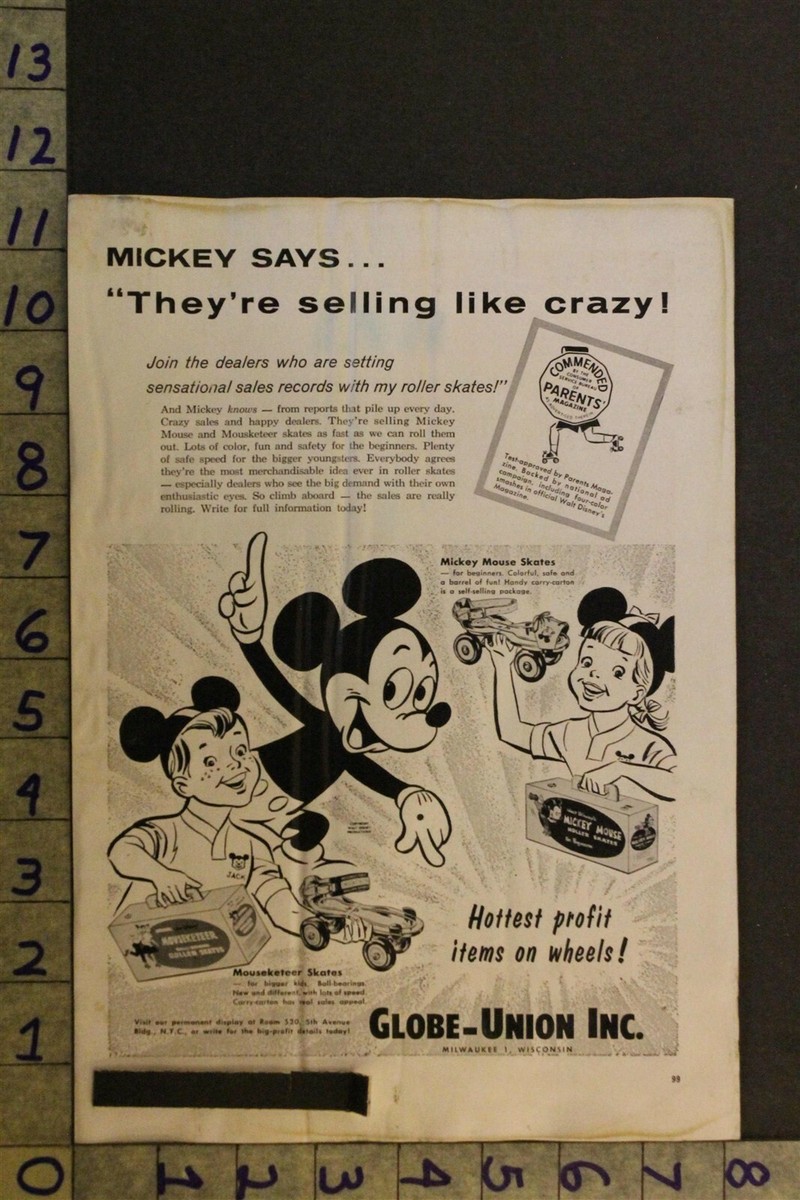 1957 TOY AD WALT DISNEY MICKEY MOUSE ROLLER SKATES GLOBE