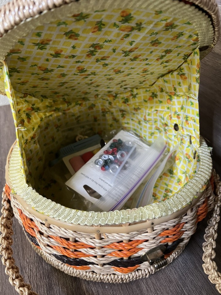 Vintage 1970s Round Sewing Basket W/ Vintage Sewing Tools Velvet Floral
