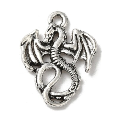 5 Dragon Charms Antiqued Silver Fairy Tale Pendants Medieval 2 Sided Ornate