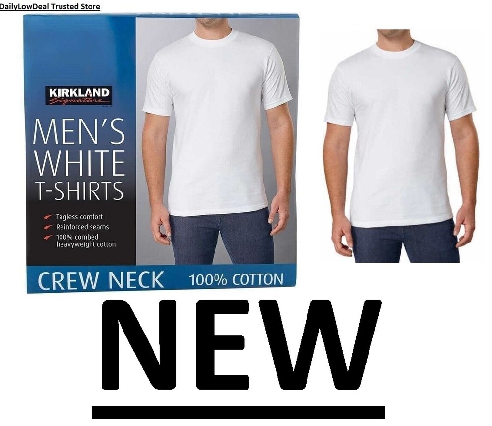Kirkland Men's 2 pk OR 6 pk White 100% Cotton Crew Neck T-shirt S M L XL XXL 3XL