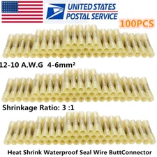 100Pcs Heat Shrink Butt Connectors 12-10 AWG Seal Waterproof Crimp Terminals US