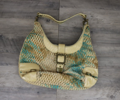 Y2K Babee D by Dayme Weaved Leather Shoulder Bag Purse Buckle Turquoise Beige