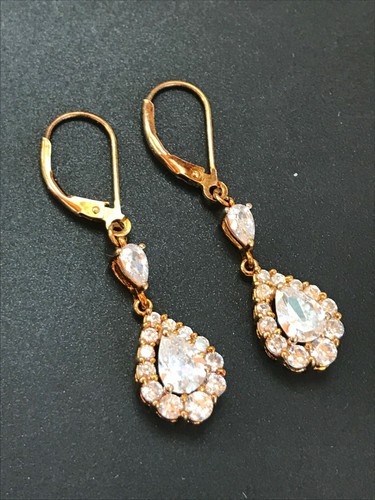 Estate 925 Marked Gold-washed Silver Clear Rhinestone Teardrop Dangle Earrings - Picture 8 of 10