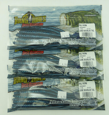 Bass Assassin Bang Lures 7" Rail Worm June Bug/Blue Tail 3 packs of 10  RW58237 | eBay