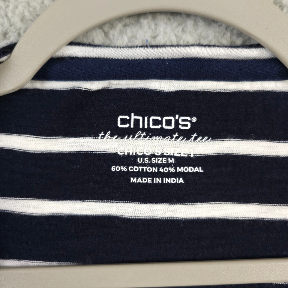 Camisa Chicos Mujer 1 EE. UU. Mediana Azul Blanco Rayas Charretera Manga 3/4 Camiseta Slub Foto 3 de 4