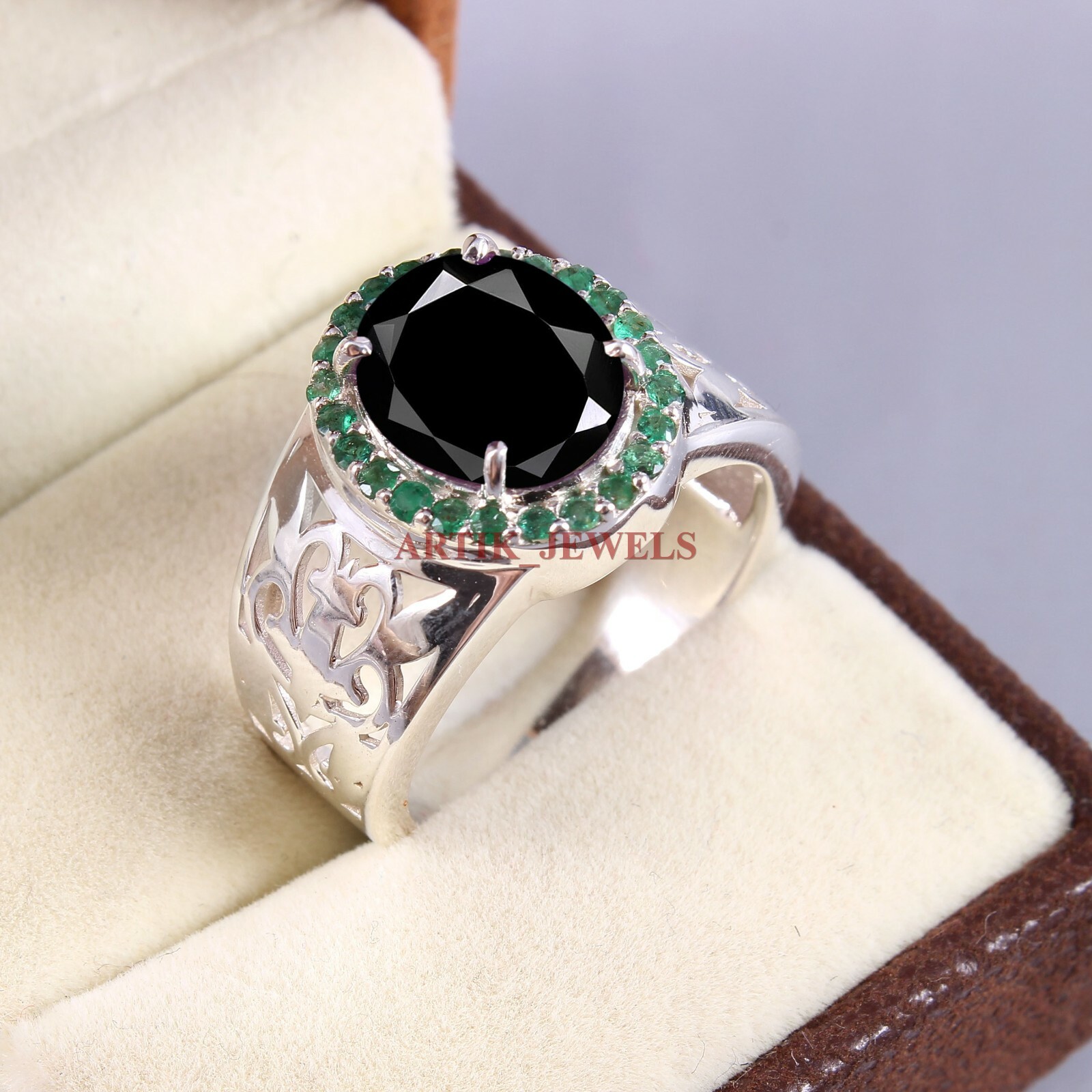 Anillo De Hombre De Ónix Negro Y Verde Con Plata De Ley 925 #5363